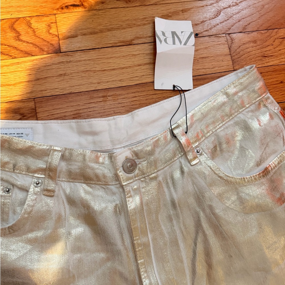 NWT Zara TRF Metallic Effect High-Waisted Jeans Straight wax coated relaxed fit - Picture 11 of 13
